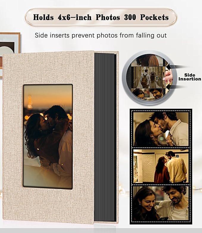 Ejblfe Photo Album 4x6,Linen Cover Slide-in Photo Album Book Can Holds 300 4x6 Photos with 50 Black Sheets for Family,Wedding,Baby and Holiday Pictures (Beige) - Image 3