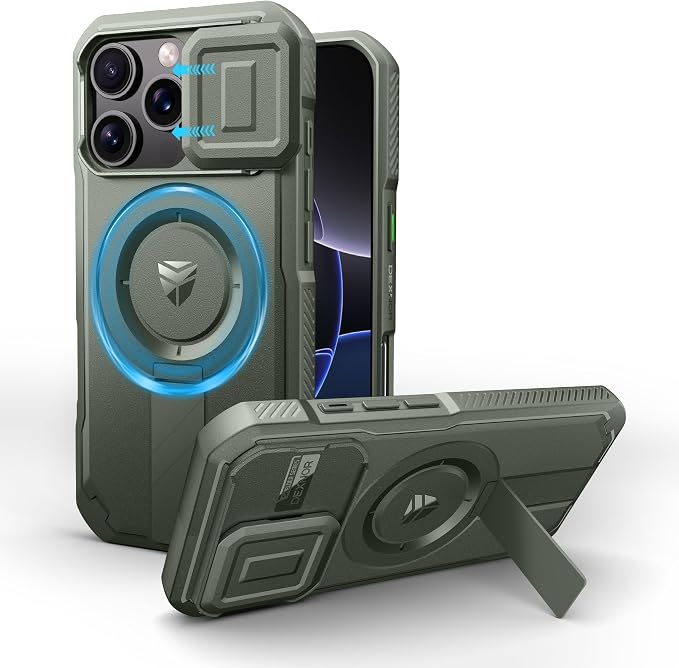 Dexnor for iPhone 16 Pro Case with Slide Camera Cover & Adjustable Kickstand, Magnetic Rugged Shockproof Bumper Cases Heavy-Duty Mangetic Protective Cover,Army Green by Dexnor