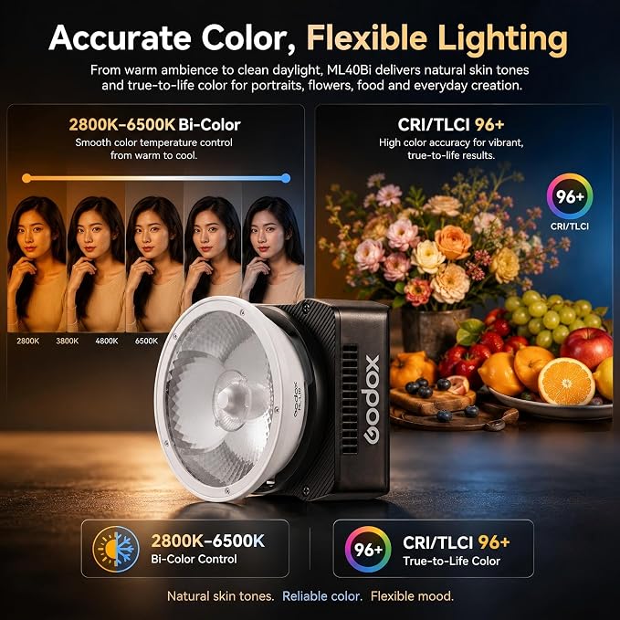 Godox ML40Bi Bi-Color LED Video Light, Portable COB Photography Light with Built-in Battery, 2800K-6500K, 28,000 Lux with ML-L10 Reflector, CRI/TLCI 96, 11 FX Effects, USB-C Charging, App/NFC Control - Image 5