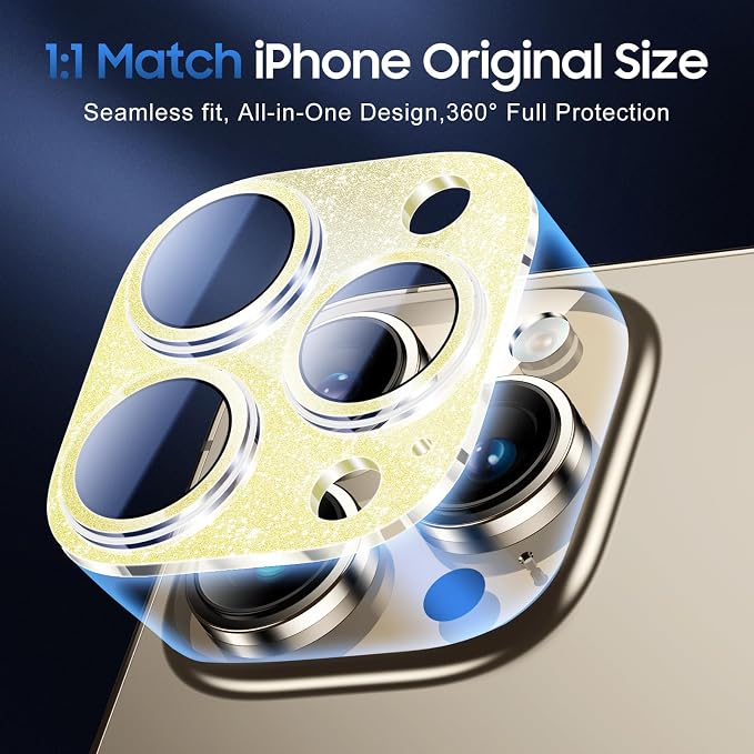UniqueMe for iPhone 14 Pro Max/14 Pro Camera Lens Protector-Glitter Golden | 3 Pack-Acrylic, Not Glass, Case Friendly, Scratch-Resistant, Night Shooting Mode - Image 4