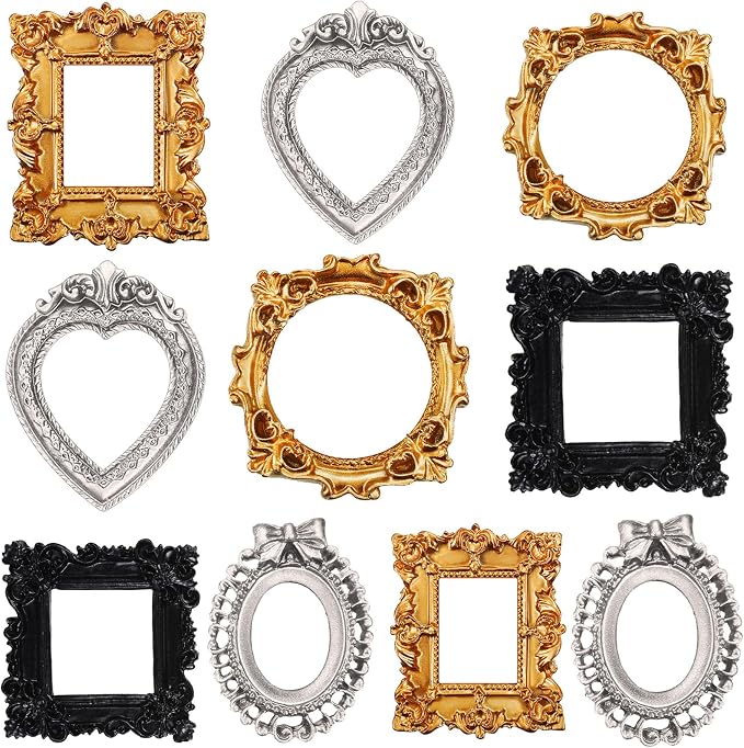 Vicenpal 10 Pcs Black, Gold, Silver Mini Vintage Picture Frames Bulk | Small Vintage Photo Frames, Antique, Resin, Baroque, Ornate, Cute Wallet Size, for DIY Jewelry Gifts Christmas Wedding Decor by Vicenpal