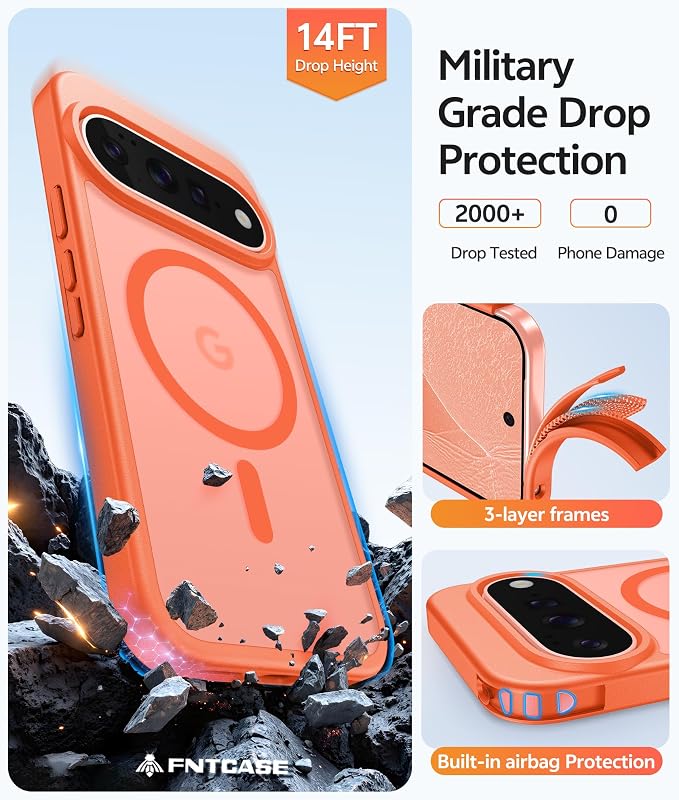 FNTCASE for Google Pixel 11 Pro Case / Pixel 11 Case, with Screen Protector | Fit for Magsafe, Translucent Matte, 14FT Military Grade Drop Protection, Shockproof Protective Phone Cover, Orange - Image 6