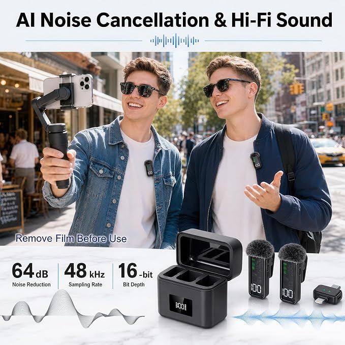 2 Mini Wireless Microphones for iPhone/Android, AI Noise Reduction | Plug & Play, 20H Battery with Charging Case, Portable Clip-On Lavalier Mic for Content Creators, Podcast, Streaming, Vlogging - Image 2