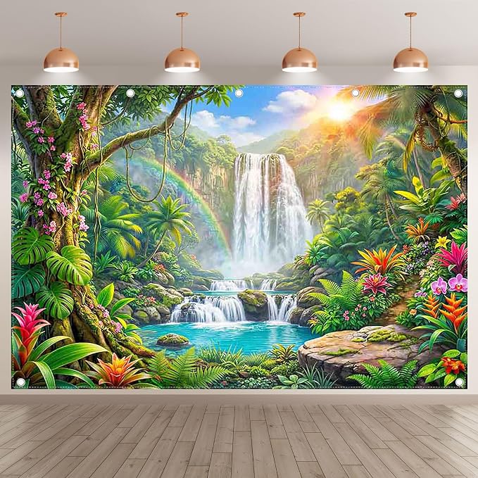 Fabric 12x8ft Rainforest Backdrop Tropical Jungle Waterfall Banner | Summer Event Natural Scenery Photography Background, Kids Adult School Party Decorations, Classroom Photo Props, Polyester - Image 2