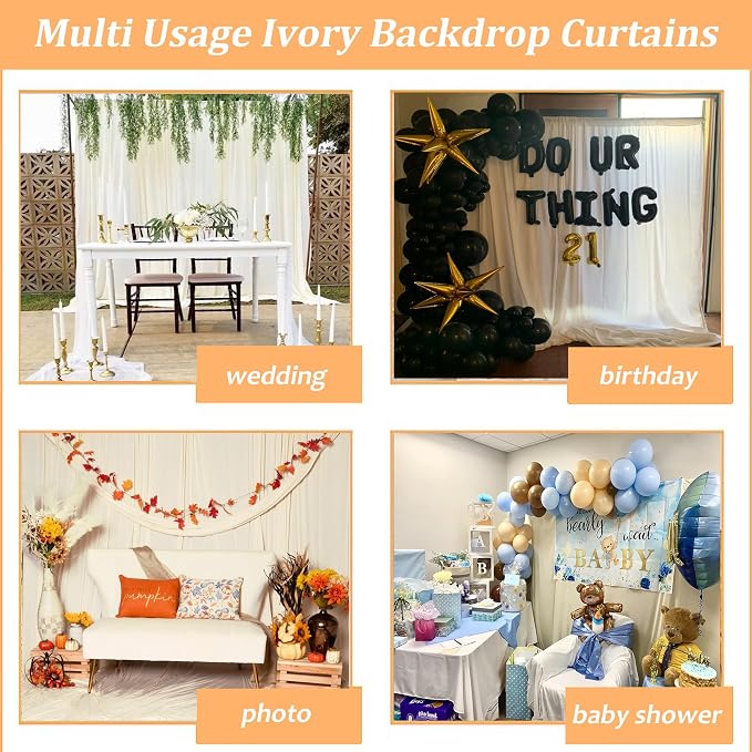 Wish Care Ivory Backdrop Curtains - 6 Panels, Wrinkle-Free, Polyester, Photography Drapes for Wedding, Baby Shower, Photo Background Decorations - 24 X10FT (Ivory) - Image 3