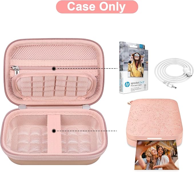 Canboc Hard Case for HP Sprocket Portable 2x3 Inch Instant Photo Printer | Zipper Mesh Pocket fits Photo Paper and Cable, Rose Gold - Image 2