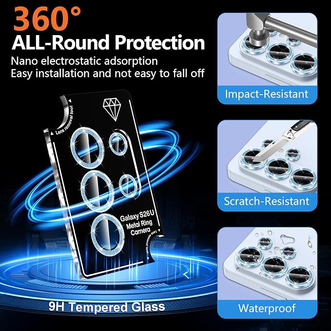 for Samsung Galaxy S26 Ultra Camera Lens Protector, Individual Metal Ring Tempered Glass Lens Cover, [Strong Adsorption] Scratch Resistant Ultra-Thin HD Clear Lens Cover, 1 Set-Blue Sparkly - Image 2