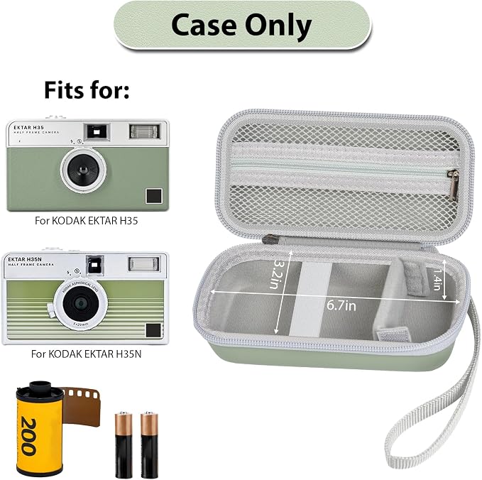 Film Camera Case for Kodak EKTAR H35 H35N Half Frame Film Camera | Camera and 35mm Film Rolls Storage, Mesh Pocket for Small Accessories, Travel and Home Organization; Slim, Green, Case Only - Image 2