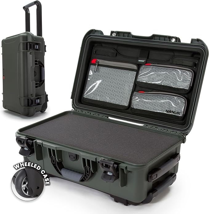 NANUK 935 Hard Case with Cubed Foam and Lid Organizer for Camera & Lenses – Waterproof Protective Equipment Case with Wheels, 22” x 14” x 9” – Dustproof, Carry-On Approved for Most Airlines – Olive by NANUK