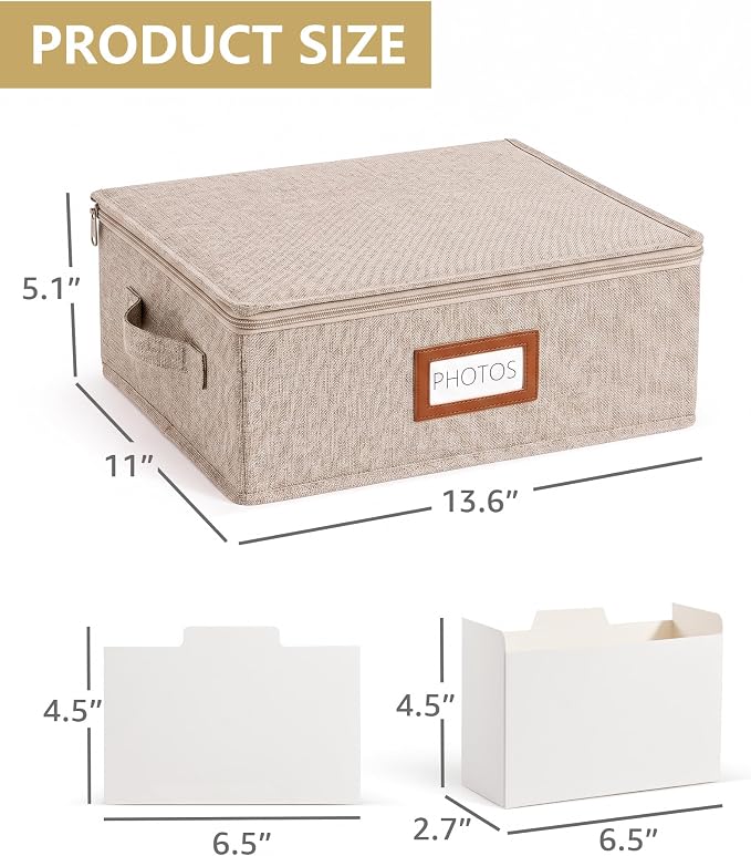 HULISEN Photo Storage Box, Photo Organizer for 2000 4x6 Pictures, Brown | Linen Keepsake Box with Zipper Lid, 8 Dividers, Label Cards Included, Mesh Pocket for Larger Prints, Family Memory Storage - Image 4