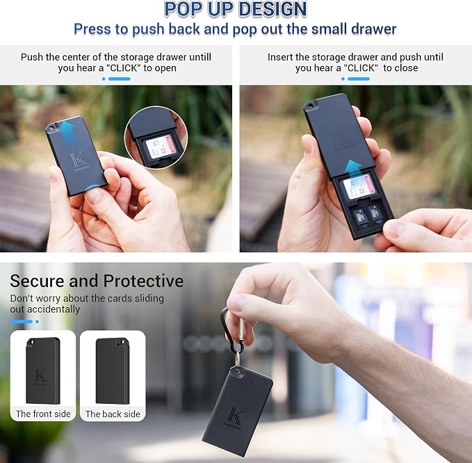 Pop-up Small Memory Card Case Holder for 2 SD SDHC SDXC Cards & 4 TF MicroSD MSD Cards with Carabiner, Portable Anti-Shock Splash-Proof Micro SD Card Case Storage Protector Organizer Keeper Container - Image 3