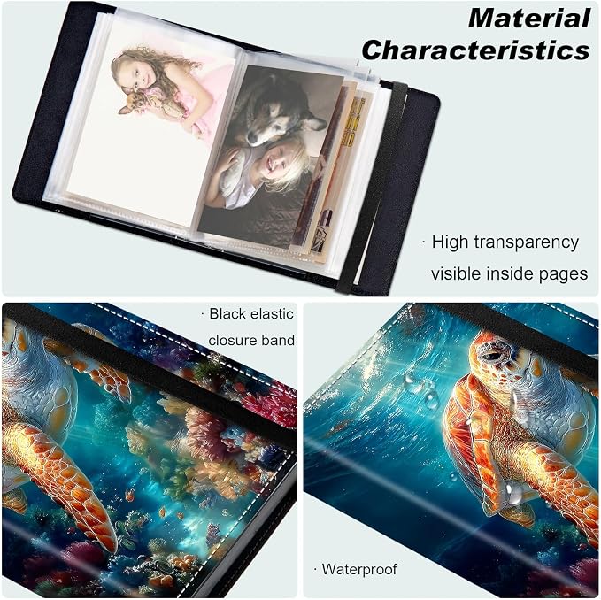 Small Photo Album 5x7, 60 Pockets Holds 120 Photos, Slip-in Pocket Photo Album with Black Elastic Band for Family Wedding Baby Travel Pictures, Cute Sea Turtle - Image 5