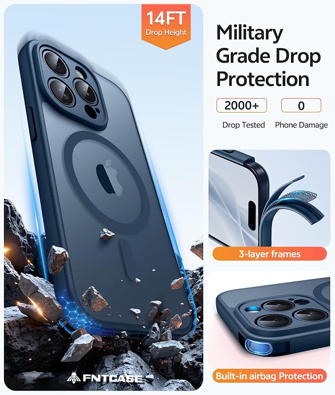 FNTCASE for iPhone 15 Pro Case, Fit for Magsafe, Screen Protector, Blue | Full Camera Protection, Translucent Matte, 14FT Military Grade Drop Proof, Shockproof Protective Phone Cover - Image 5
