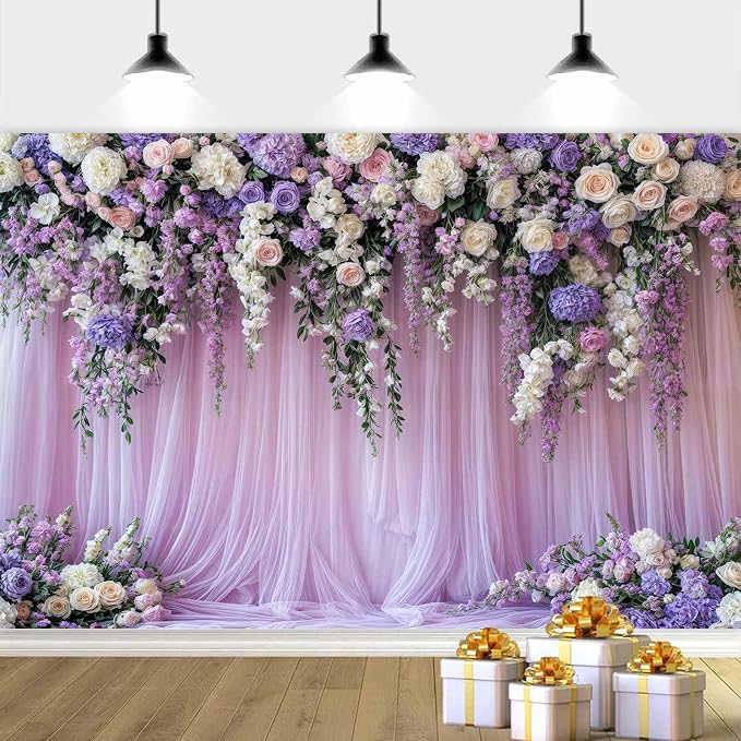 7x5ft Purple Lavender Floral Bridal Backdrop Wedding Flower Photography Backdrop for Girl Portrait Baby Shower Birthday Party Decor Banner Mother's Day Party Wall Backdrop Studio Photo Backgrounds - Image 2