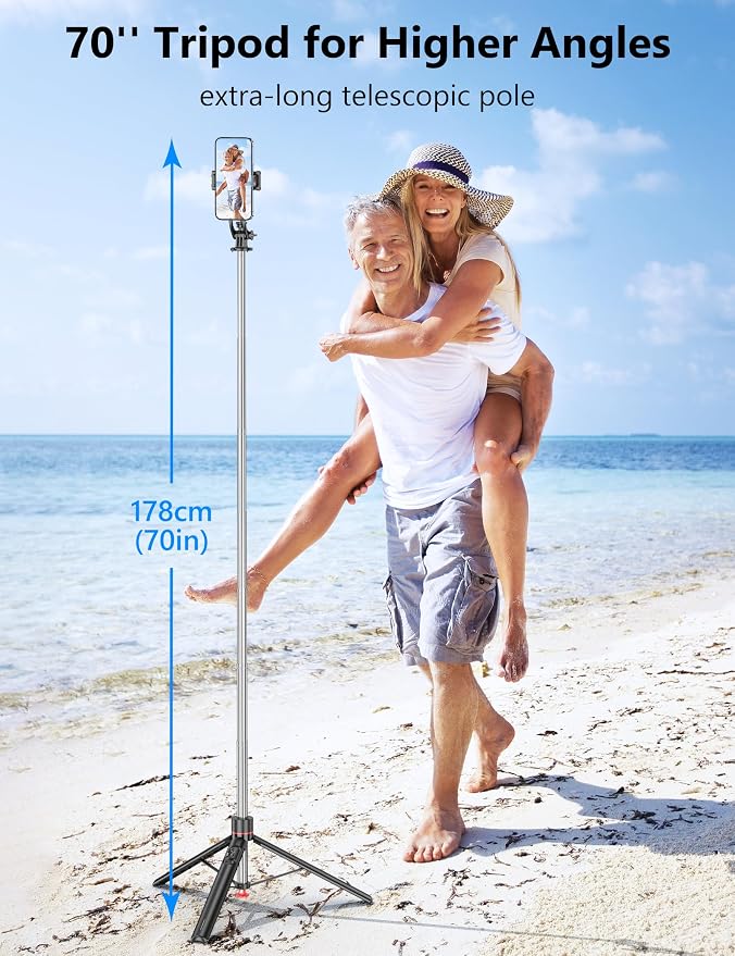 70" Extendable Selfie Stick Tripod, Automatic Phone Tripod with Magnetic Remote & 1/4" Screw, Lightweight Travel Tripod Stand for iPhone/Android & Camera, Vlog Video Recording - Image 3