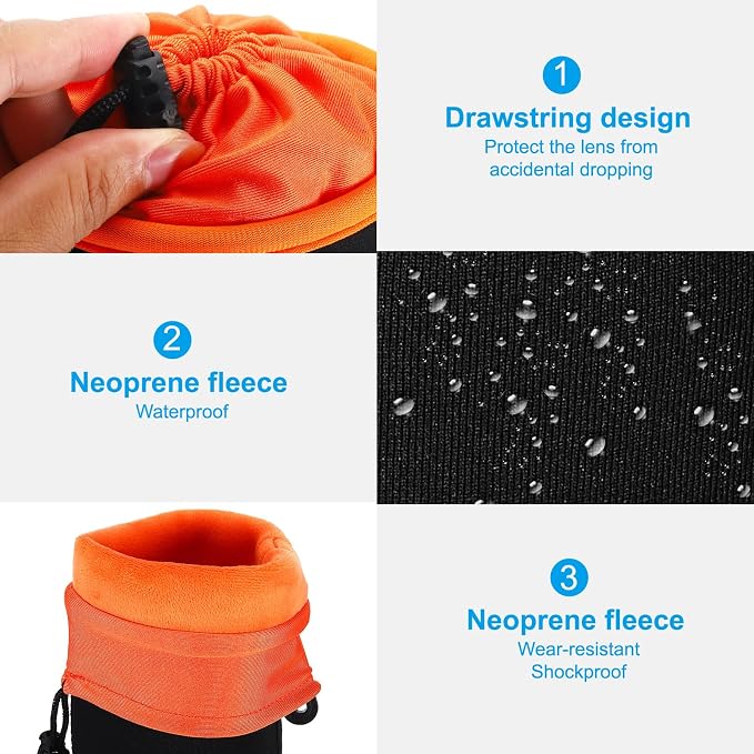 PATIKIL Camera Lens Bag, 2 Pcs 3.7" ID x 7.1" H Cylindrical Drawstring Lens Pouch with Thick Protective Neoprene, Lens Case for DSLR Camera Lens, Water Coffee Cups Black, Orange - Image 4