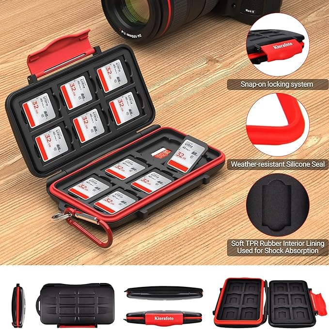 Kiorafoto 24 Slots Memory Card Case for SD Micro SD TF,IPX5 Water-Resistant | Anti-Shock,Memory Card Holder for 12 MicroSD SDXC SDHC TF & 12 SD SDXC SDHC Cards,Hard Shell with Rubber Interior & Carabiner - Image 4