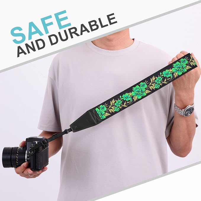 Padwa Lifestyle Green Rose Camera Strap - 2" Full Grain Leather Ends Camera Straps for Photographers, Vintage Embroidered Cotton Soft Suede Fabric Padded Strap Quick Release fits All Cameras - Image 4