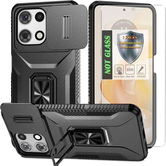 for Moto G 5G 2025 Case,with Sliding Camera Lens Cover,HD Screen Protector,360° Rotating Ring Kickstand,AYMECL Military-Grade Shockproof Protective Cover for Motorola Moto G 5G 2025,Black by AYMECL