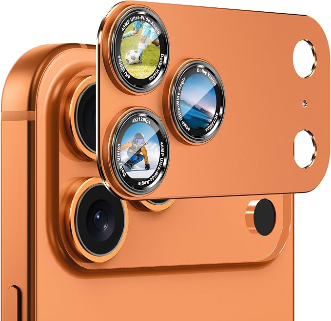 CACOE Metal Camera Lens Protector for iPhone 17 Pro Max | Tempered Glass Cover, Anti-Scratch, Drop-Proof, Strong Adhesion, Camera Screen Cover Accessories, Orange by CACOE