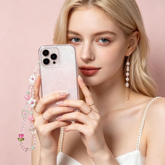 2 Pcs Phone Charm Strap Hand Wrist Strap Camera Lanyard Pearl Beaded Cute Chain String Accessories Universal for iPhone 17 Pro Max 16 15 for Samsung Women Girls Keychain Bag Pink Flower and Bows Heart - Image 2