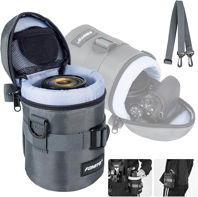FOMITO Camera Lens Case Pouch Bag for Canon EF-S 17-55mm/17-85mm,EF 35mm f2, Nikon AF-S 18-200mm/18-105mm/18-300mm, Fujifilm XF 56mm f1.2 R & More Lens Below 3.94" x 6.1"(D x L) - Grey M size by FOMITO