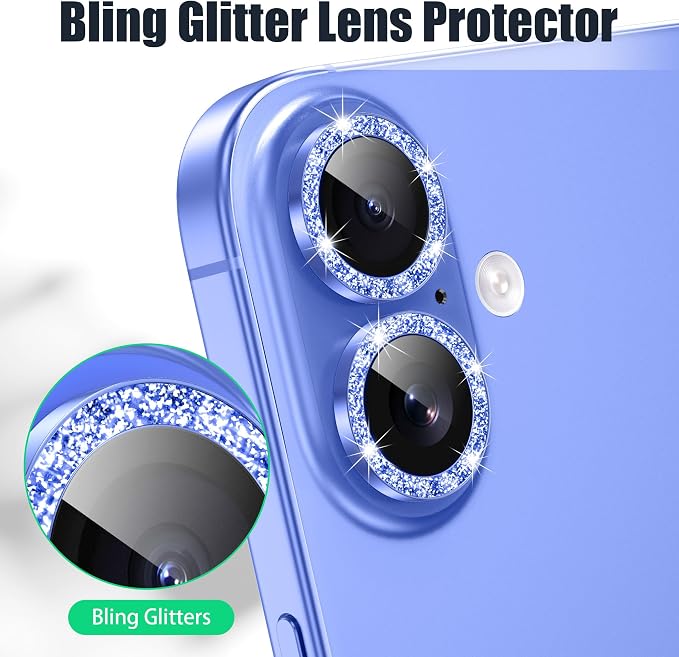 AGVEE 3+3 6 Pack for iPhone 16/16 Plus Camera Lens Protector Cover | Individual Bling Diamond & Bling Glitter Sparkle Cute Gem Metal Ring, 9H Tempered HD Glass - Image 5