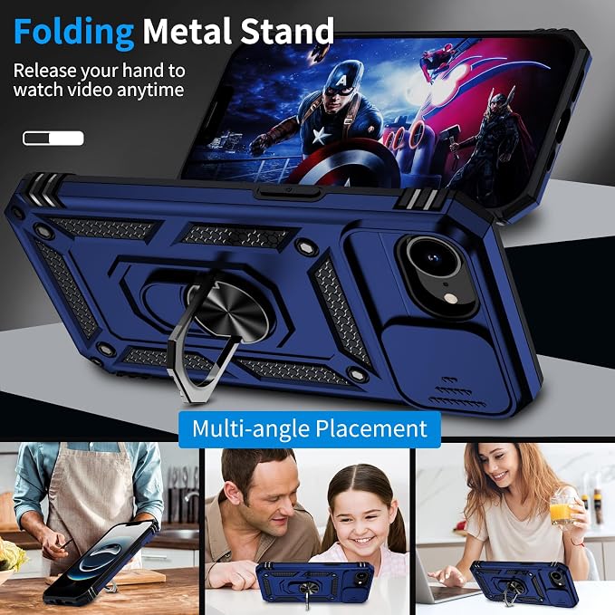 for iPhone 17e Case & iPhone 16e Case with 2X HD Screen Protector & Slide Camera Cover & Rotated Ring Kickstand, Rugged Heavy Duty Protective Phone Case for iPhone 17e/16e 6.1 inch, Blue - Image 3