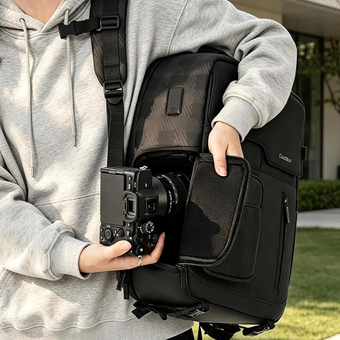 Cwatcun PU Leather Camera Backpack, DSLR Bag with Tripod Holder | for Photographers DSLR SLR Mirrorless Camera Cases.Fits 2cameras +4lenses+14"laptop+drone.18mm EPE foam, side & back access - Image 7