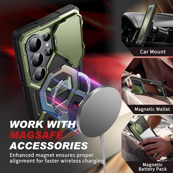 TONGATE Magnetic Stand for Samsung Galaxy S26 Ultra Case, Compatible with Magsafe, [Camera Cover & 2 Front Frames][Military Drop Protection] S26 Ultra Case Built-in Screen Protector & Belt Clip, Olive - Image 3