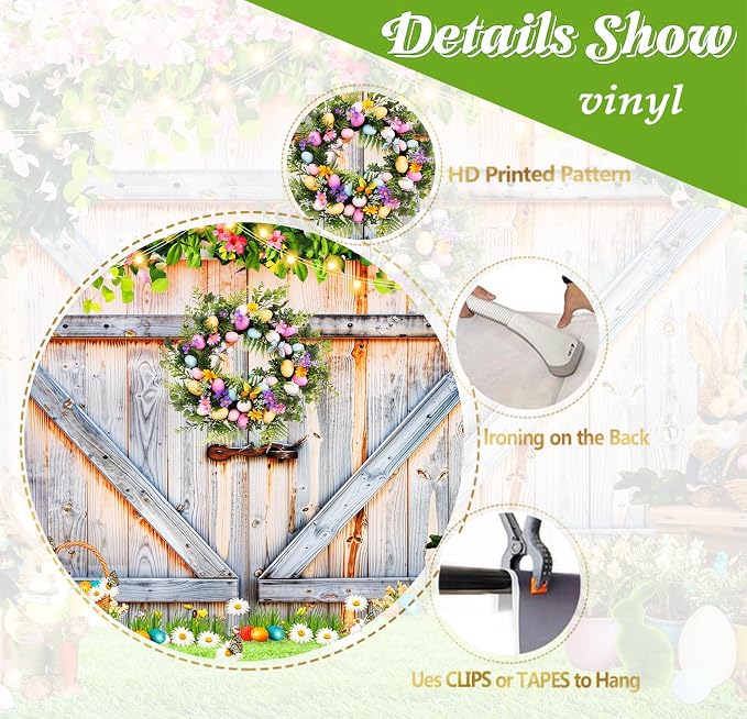 Easter Photo Backdrop for Photography, 8x6ft | Spring Wall Background for Photoshoot, Green Grass, Bunny Eggs, Rustic Barn Door, for Outdoor, Family Party Decorations - Image 7