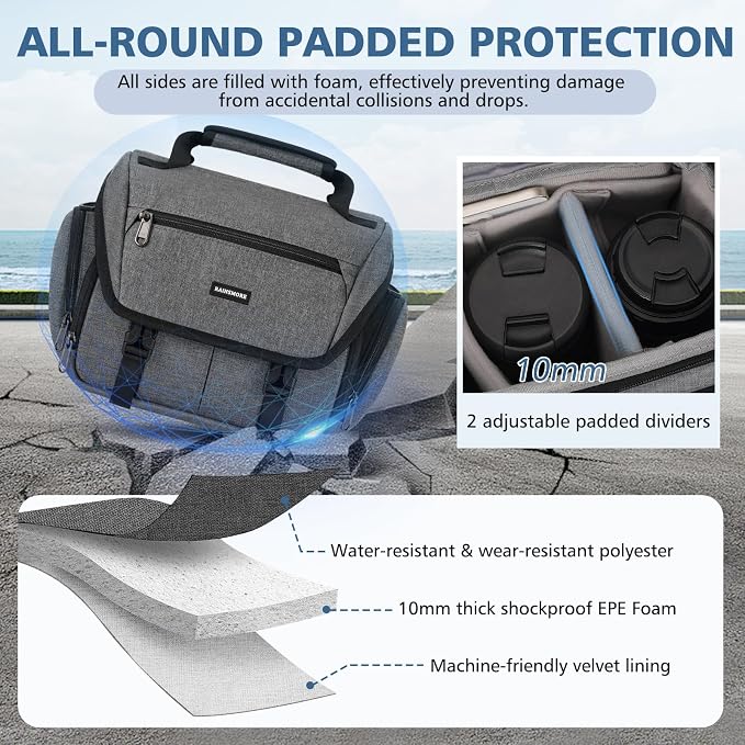 RAINSMORE Camera Bag, DSLR/SLR/Mirrorless Camera Sling Bag for Photographers Waterproof Small Camera Case with Tripod Holder & Rain Cover Camera Crossbody Bag for Canon/Nikon/Sony/Fuji, Grey - Image 2