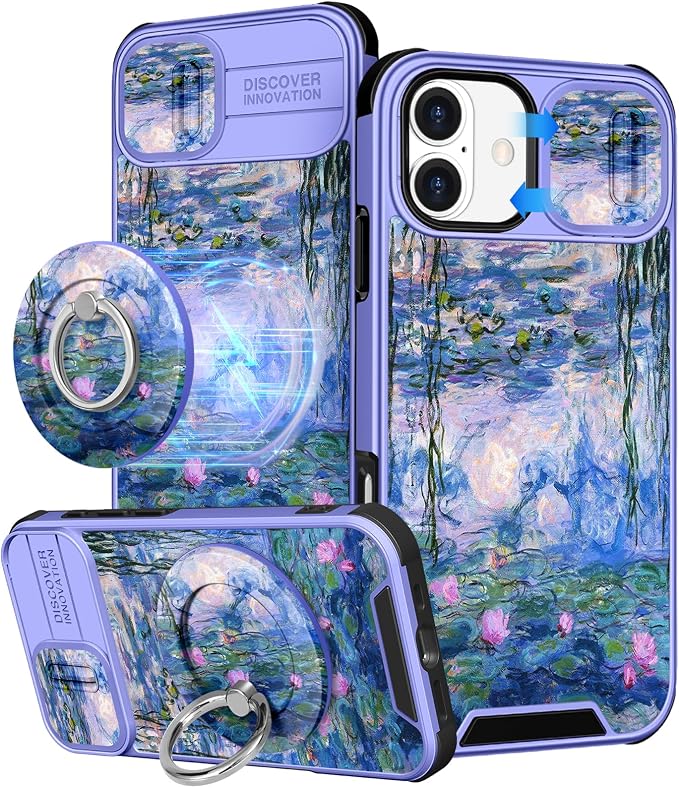 Buleens for iPhone 16 Plus Case 6.7 Inch - with Ring Stand & Camera Cover Aesthetic Cute Designed Women Girl Girly Pretty Kawaii Blue Water Lily Phone Case for iPhone 16 Plus Compatible with Magsafe by Buleens