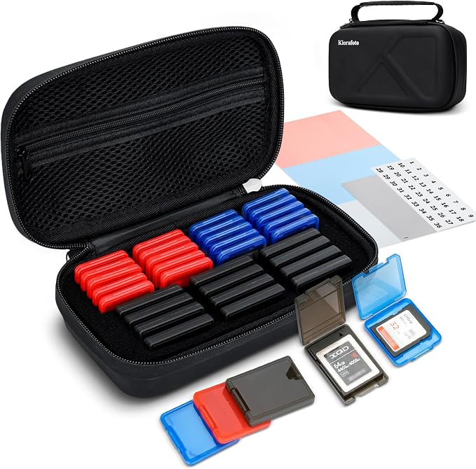 EVA PU CFexpress Type B Card Case with 32 PCS Individual Plastic Memory Card Holder for 12 XQD/CFexpress Type-B Cards & 20 SD SDXC SDHC Cards,Water-Resistant Anti-Shock CFexpress SD Card Case Storage by Kiorafoto