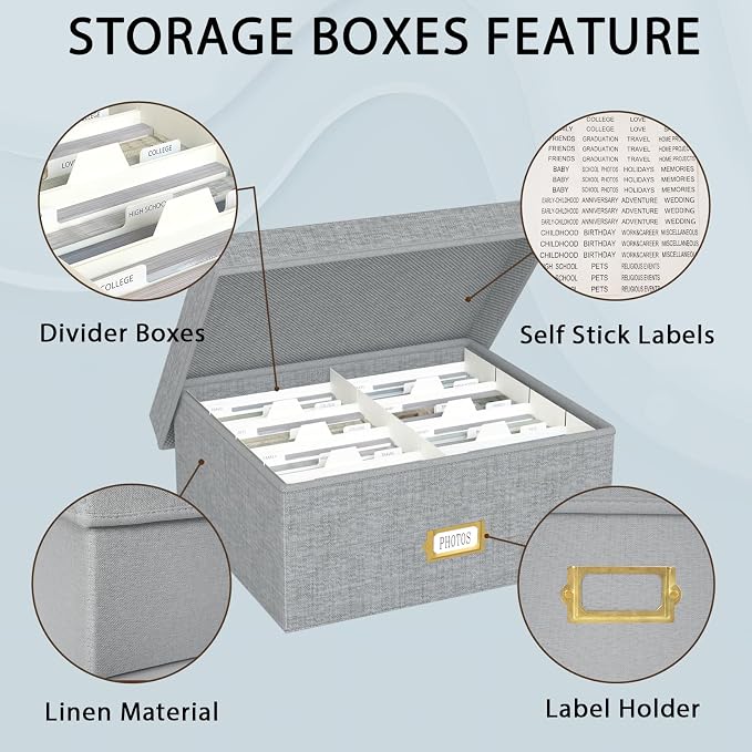 Decorative Photo Storage Box, 2 Pack Linen Photo Box Hold 1700 4x6 Pictures | Photo Storage Containers with 8 Dividers, Memory Keepsake Organizer for Photos, Scrapbook Supplies, Cards, Stamps, Grey - Image 3