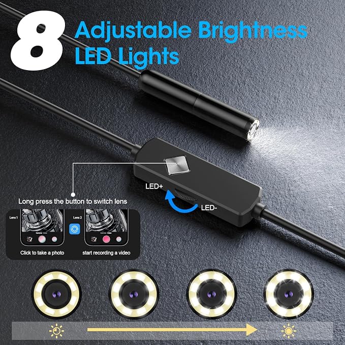 Endoscope with Light, 1920P HD Borescope with 8 Adjustable LED Lights, Semi-Rigid Snake Camera, IP67 Waterproof Inspection Tool (16.4ft, Black Harness + Single Lens) - Image 3