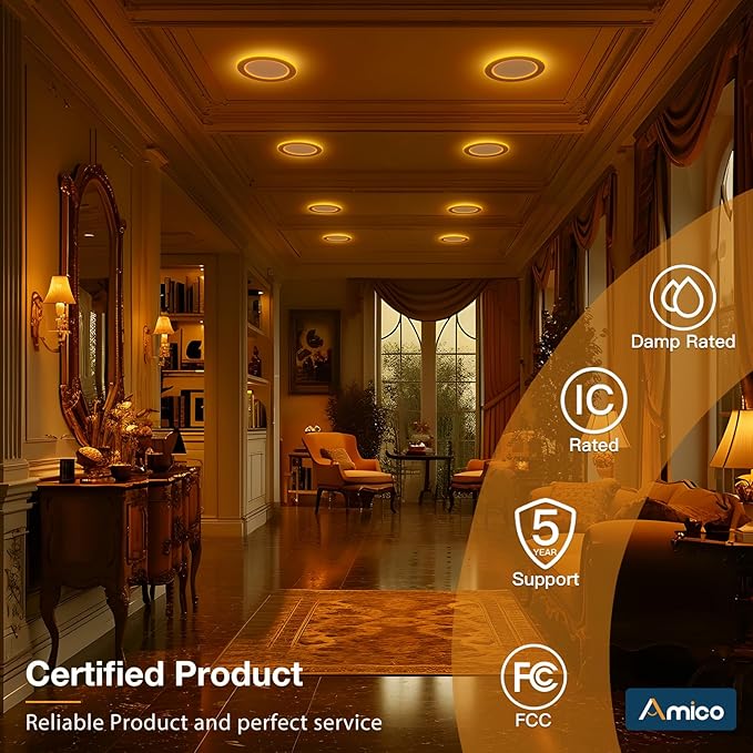 Amico 12 Pack 6 Inch 5CCT LED Recessed Light with Double Ring Night Light | 2700-5000K Selectable Ultra-Thin Recessed Ceiling Lighting, 12W=110W, 1100LM, Dimmable Canless Wafer Downlight, ETL, FCC - Image 7