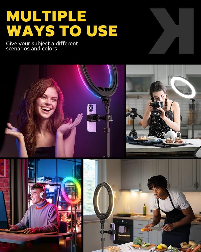 Kaiess 10.2" Selfie Ring Light with 65" Adjustable Tripod Stand | Phone Holder for Live Stream/Makeup, Upgraded Dimmable LED Ringlight for Tiktok/YouTube/Zoom Meeting/Photography (rgb) - Image 6