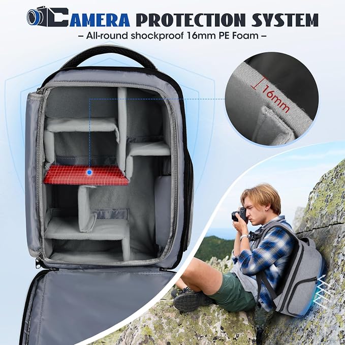 Camera Backpack Camera Bag for Photographers DSLR SLR Mirrorless Camera Cases with Waterproof Rain Cover & Laptop Compartment Fits 14 Inch Laptop,Anti Theft Travel photography backpack,Grey - Image 3