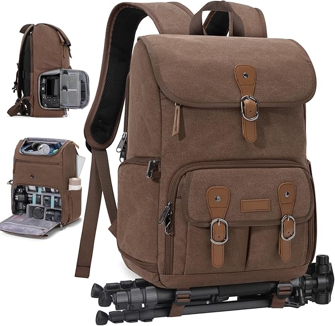 RAINSMORE Camera Backpack, DSLR SLR Mirrorless Camera Bag for Photographer | 15.6 Inch Vintage Canvas Camera Case with Laptop Compartment & Tripod Holder &Rain Cover for Sony Canon Nikon Fujifilm Coffee by RAINSMORE