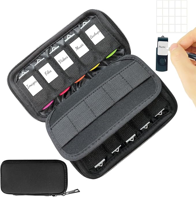 JBOS USB Flash Drive Case with 10 USB Drive Slots and 10 Memory Card Slots Storage Organizer Case Holder for Thumb Drives Jump Drives SD Cards with Zipper Bag Black by JBOS