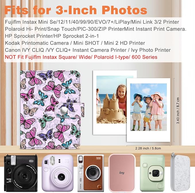 Fintie Mini Photos Album Book for 2x3 Inch Films - 52 Pockets Small Albums | For Fujifilm Instax Mini, Polaroid Hi-Print Pictures, Portable Kpop Photocard Holder, Travel Memory Book, Butterfly - Image 3