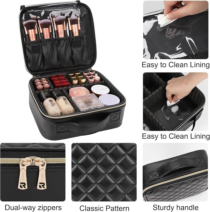 Relavel Makeup Bag, Travel Cosmetic Train Case Organizer Portable Artist Storage Bag with Adjustable Dividers for Cosmetics Makeup Brushes Toiletry Jewelry Digital Accessories Quilted Leather Black - Image 6