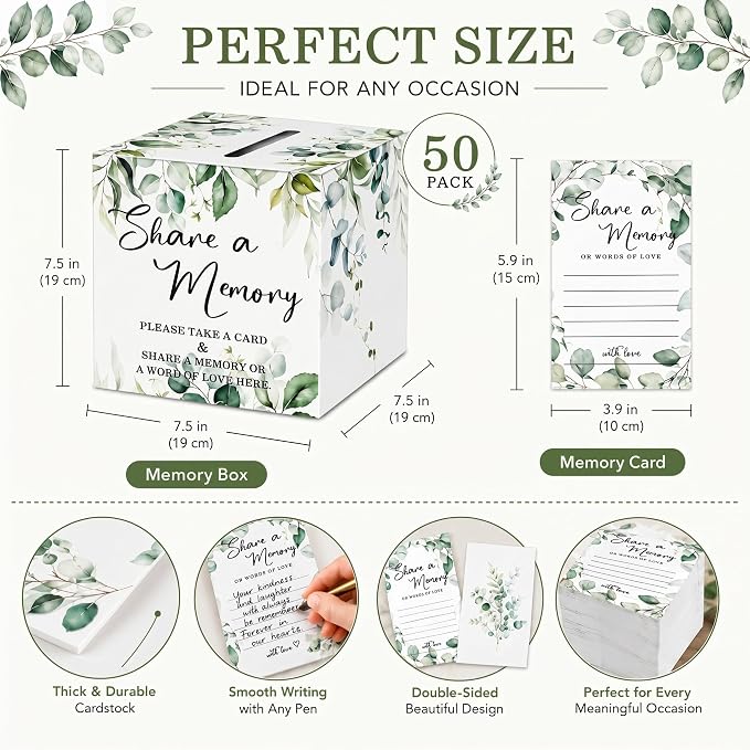 Pajean 50 Pcs Greenery Share a Memory Cards for Collections of Life, Memory Cards Box Guest Ideas for Funeral Graduation Wedding Bridal Shower Birthday Anniversary Retirement(Classic Style) - Image 3