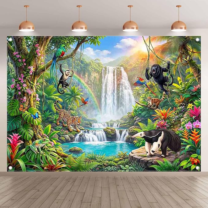 Fabric 7x5ft Rainforest Wild Animals Backdrop Jungle Safari Banner | Summer Tropical Scenery Waterfall Photography Background, School Event Party Decorations, Classroom Photo Props, Polyester - Image 2
