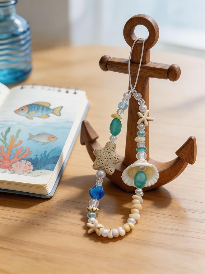 2 Pcs Phone Charm Strap Hand Wrist Strap Camera Lanyard Pearl Beaded Cute Chain String Accessories Universal for iPhone 17 Pro Max 16 15 14 for Samsung Women Girls Keychain Summer Ocean Star and Shell - Image 6