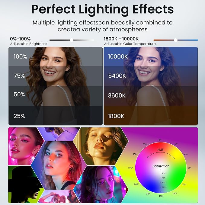 Selfie Phone Light with Magnetic,140 LED 1800K-10000K 4900mAh + Power Bank RGB Video Light CRI 96+ Professional Portable Lighting for Camera, TikTok, Vlog, Makeup, Zoom,Selfie - Image 4