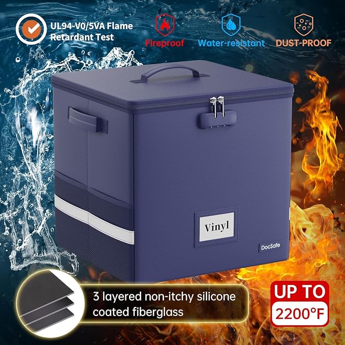 DocSafe Vinyl Record Storage Box with Lock,Fireproof Record Organizer Storage for 100+ Single Records(12-inch), Collapsible Storage Crate with Lid & Handles for Valuable Album Collection,Blue,2 Pack - Image 2