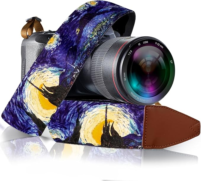 Art Tribute Camera Strap - Shoulder, Crossbody & Neck Camera Strap for Photographers, Fits All Cameras, Canon Nikon Sony Fujifilm, Padded Strap W/Quick Release, Leather Ends, Van Gogh Starry Night by ArtTribute