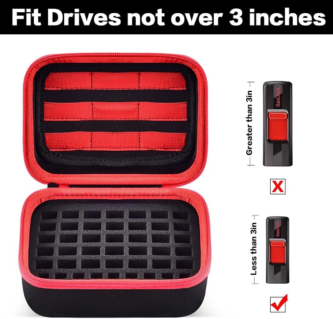 Comecase USB Flash Drive Case, Holds 44 USB Drives and 9 SD Cards | Pre-Cut Foam Fits Mixed Drive Sizes Flash Drive; EVA Shell Protects Data on the Go, Black+Red Zipper, Large, Case Only - Image 3